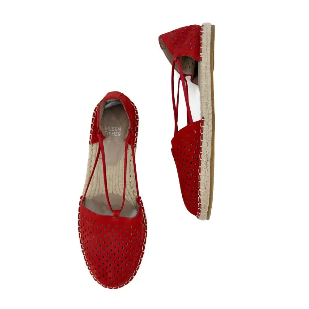 NEW Eileen Fisher Lee Espadrille Sandal Flats sz 9 Red Poppy Perforated Leather